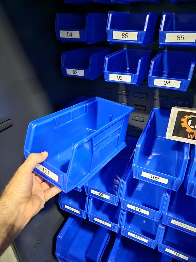 Used ULINE Heavy-Duty Steel Bin Storage Cabinet – holds 168 Blue Bins – 48" W × 24" D × 78" H with Plastic Bins... Pristine!!