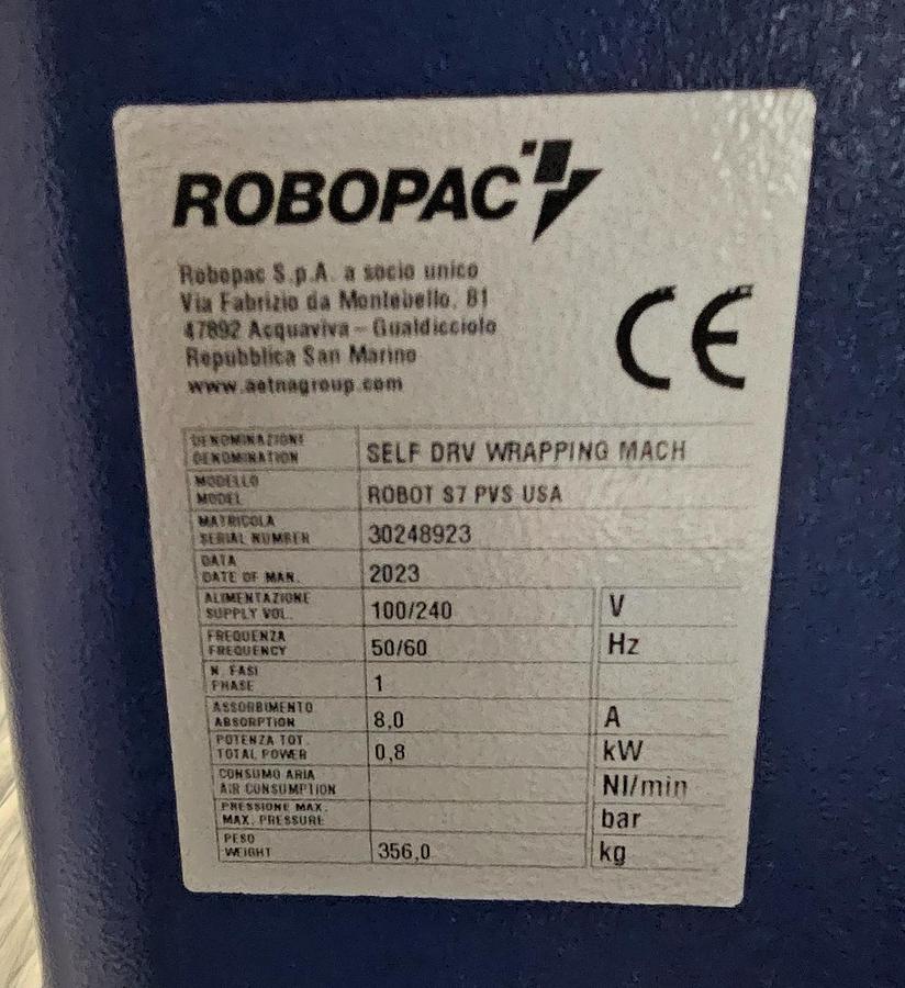 Used 2023 ROBOPAC ROBOT S7 PVS USA SELF-PROPELLED PALLET STRETCH WRAPPER – BATTERY POWERED – TOUCHSCREEN – TESTED