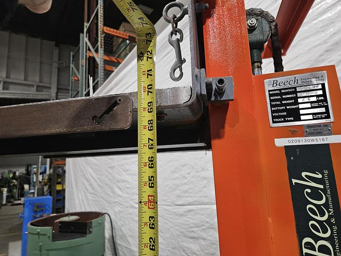 Used Beech Presto Electric Lift Truck with Roller Table Slide Heavy Items 70 inch max height 12 volt with charger