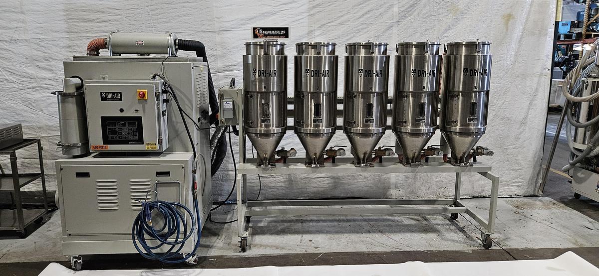 Used DRI-AIR HP4-X300 CENTRAL DESICCANT RESIN DRYING SYSTEM – (5) RH60 STAINLESS STEEL HOPPERS – HIGH TEMPERATURE CONFIGURATION- FOR INJECTION MOLDING – 480V / 3 PHASE
