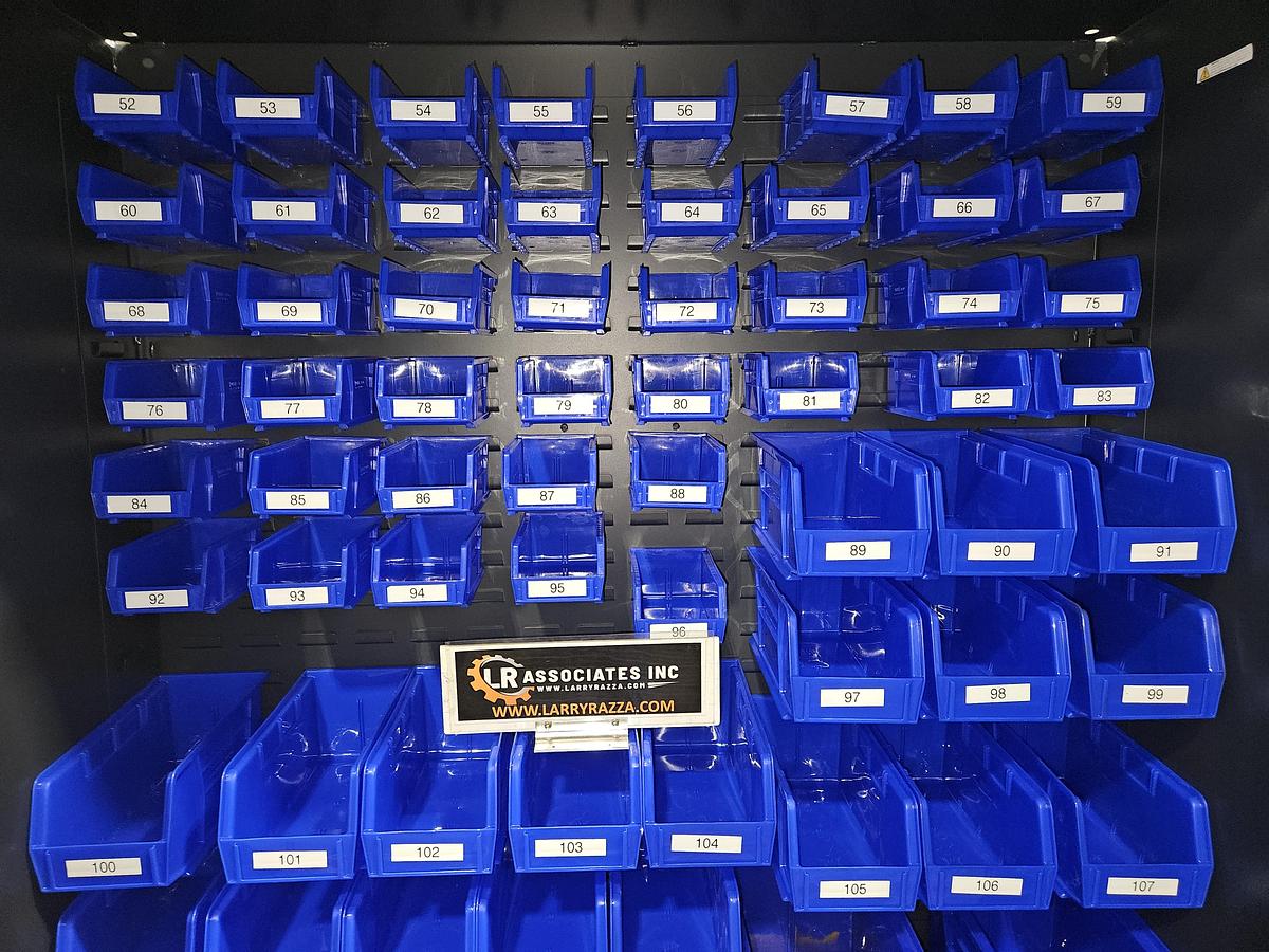 Used ULINE Heavy-Duty Steel Bin Storage Cabinet – holds 168 Blue Bins – 48" W × 24" D × 78" H with Plastic Bins... Pristine!!
