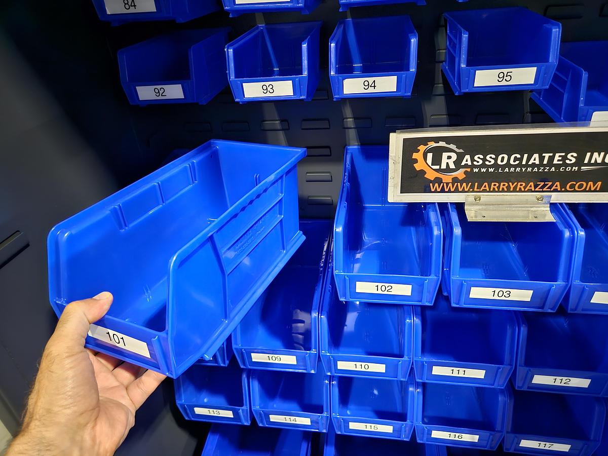 Used ULINE Heavy-Duty Steel Bin Storage Cabinet – holds 168 Blue Bins – 48" W × 24" D × 78" H with Plastic Bins... Pristine!!