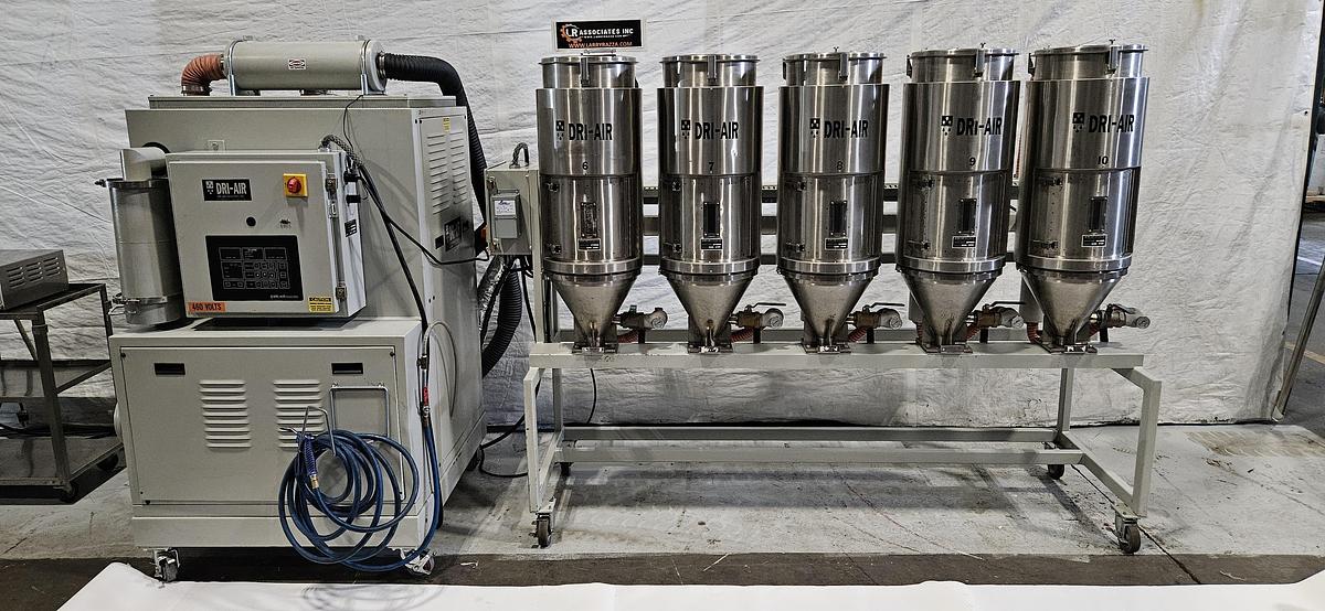 Used DRI-AIR HP4-X300 CENTRAL DESICCANT RESIN DRYING SYSTEM – (5) RH60 STAINLESS STEEL HOPPERS – HIGH TEMPERATURE CONFIGURATION- FOR INJECTION MOLDING – 480V / 3 PHASE