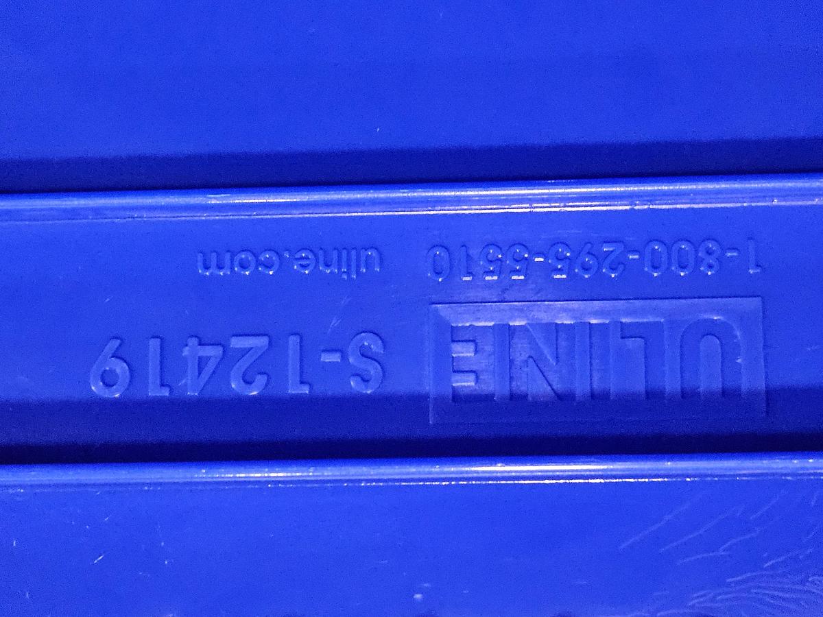 Used ULINE Heavy-Duty Steel Bin Storage Cabinet – holds 168 Blue Bins – 48" W × 24" D × 78" H with Plastic Bins... Pristine!!