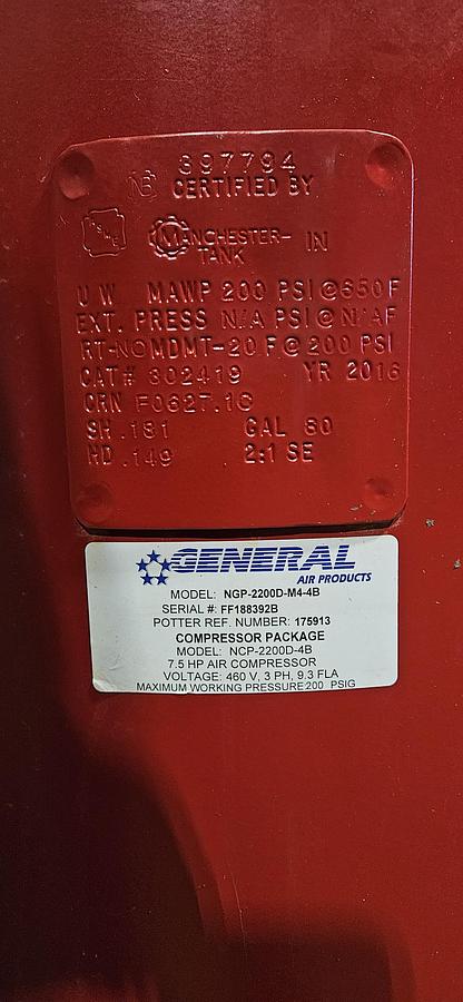 Used GENERAL AIR PRODUCTS NCP-2200D-4B AIR COMPRESSOR PACKAGE – 7.5 HP – 60 GALLON TANK – 200 PSI – AFTERCOOLER EQUIPPED