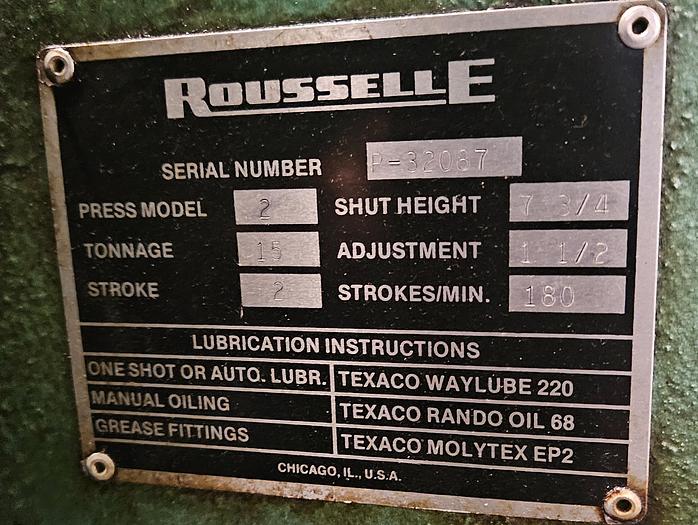 Used 15 Ton Rousselle Punch Press Air Clutch Air Brake 2" Stroke Variable Speed Control