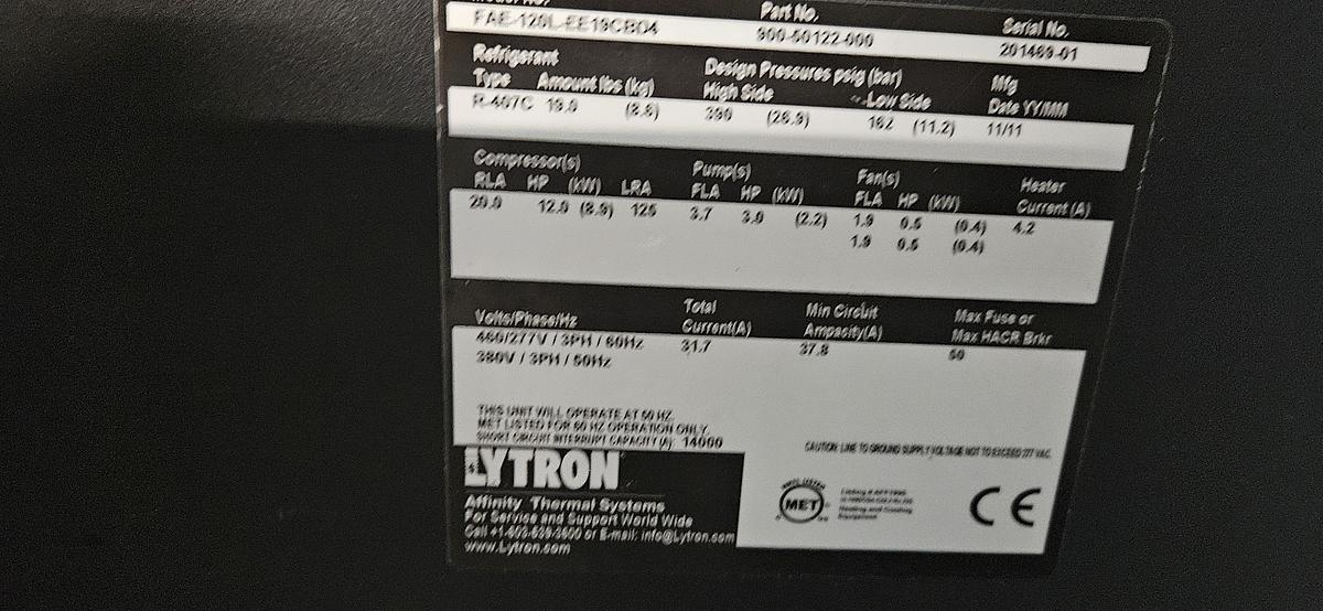 Used LYTRON AFFINITY FAE-12XL INDUSTRIAL PROCESS CHILLER – 12.9 HP COMPRESSOR – 3 HP PROCESS PUMP – R-407C – 460V – 2011 – EXCELLENT CONDITION