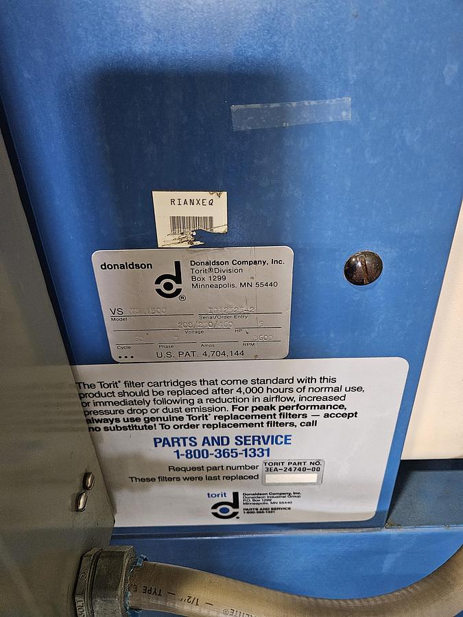 Used Donaldson Torit VS-1500 Cartridge Dust Collector 5 HP 220 Volt Industrial Vacuum with Filter... Excellent Running Condition!