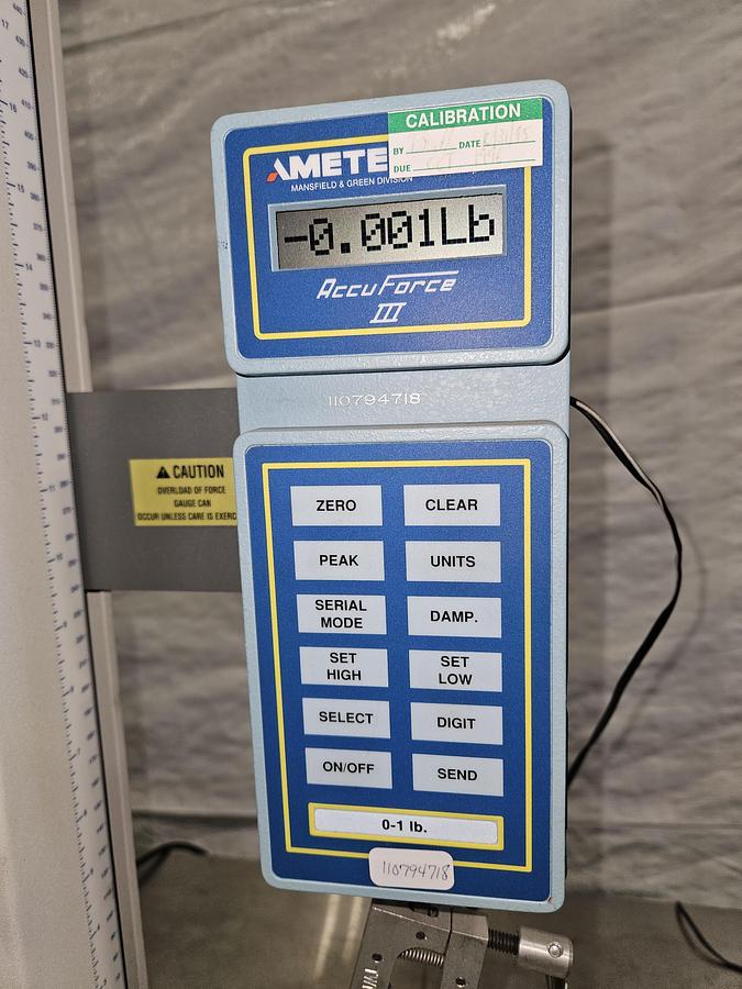 Used CHATILLON / AMETEK LTCM-100 MOTORIZED FORCE TEST STAND WITH ACCUFORCE II DIGITAL GAUGE – 120V – EXCELLENT CONDITION