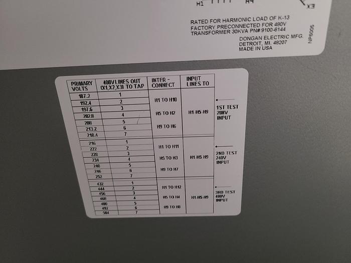 Used Dongan 30 KVA 3 Phase Transformer 208/240/480 Primary 400Y/230 Secondary Tested!