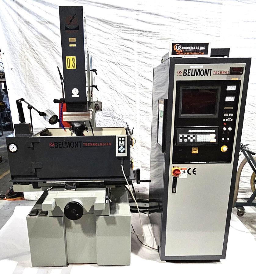 Used BELMONT TECHNOLOGIES CNC SINKER EDM – 60 AMP POWER SUPPLY – ORBITAL EDM HEAD – DROP TANK – FIRE SUPPRESSION – 220V 3 PHASE