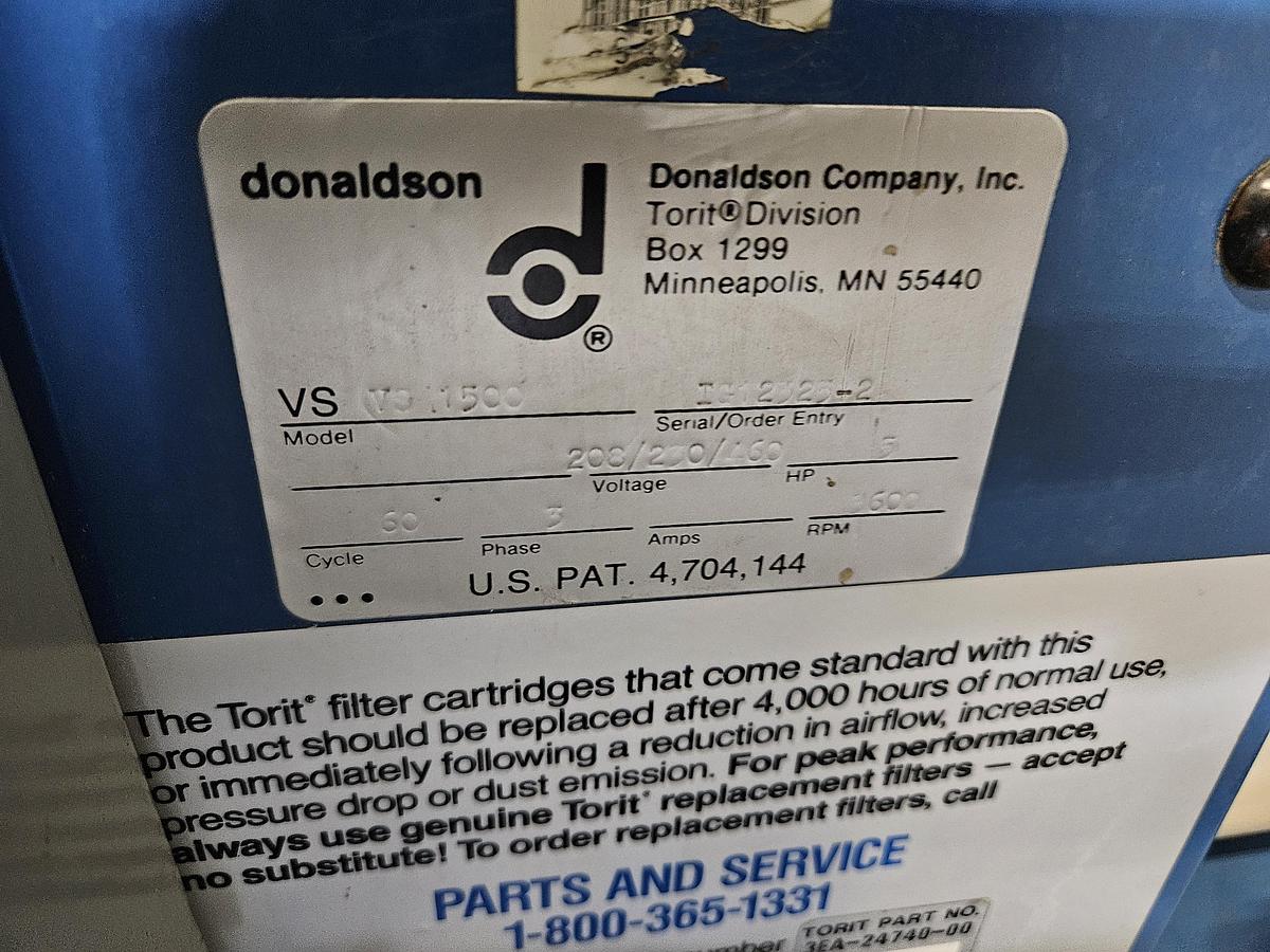 Used Donaldson Torit VS-1500 Cartridge Dust Collector 5 HP 220 Volt Industrial Vacuum with Filter... Excellent Running Condition!