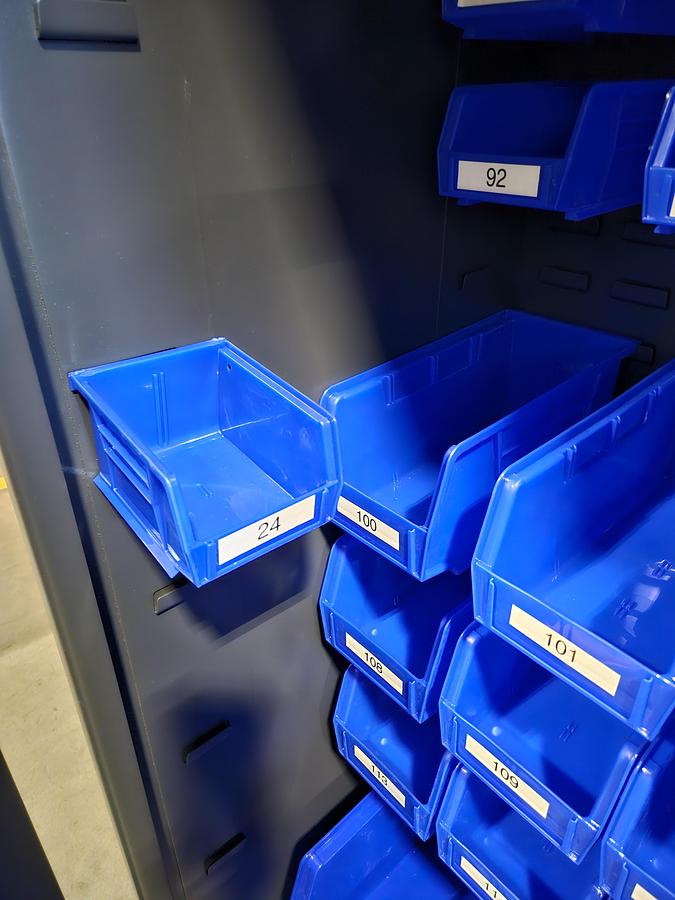 Used ULINE Heavy-Duty Steel Bin Storage Cabinet – holds 168 Blue Bins – 48" W × 24" D × 78" H with Plastic Bins... Pristine!!