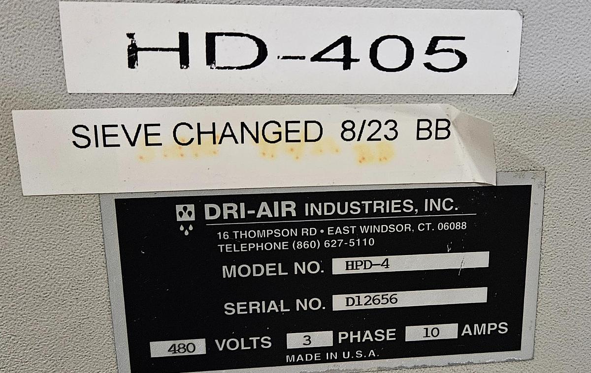 Used DRI-AIR HPD-4 HIGH-PERFORMANCE DESICCANT RESIN DRYER – RH150 150 LB STAINLESS STEEL HOPPER – DIGITAL DEW POINT CONTROL – 480V 3 PHASE – TESTED