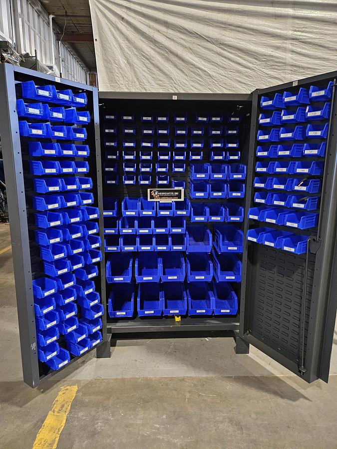 Used ULINE Heavy-Duty Steel Bin Storage Cabinet – holds 168 Blue Bins – 48" W × 24" D × 78" H with Plastic Bins... Pristine!!