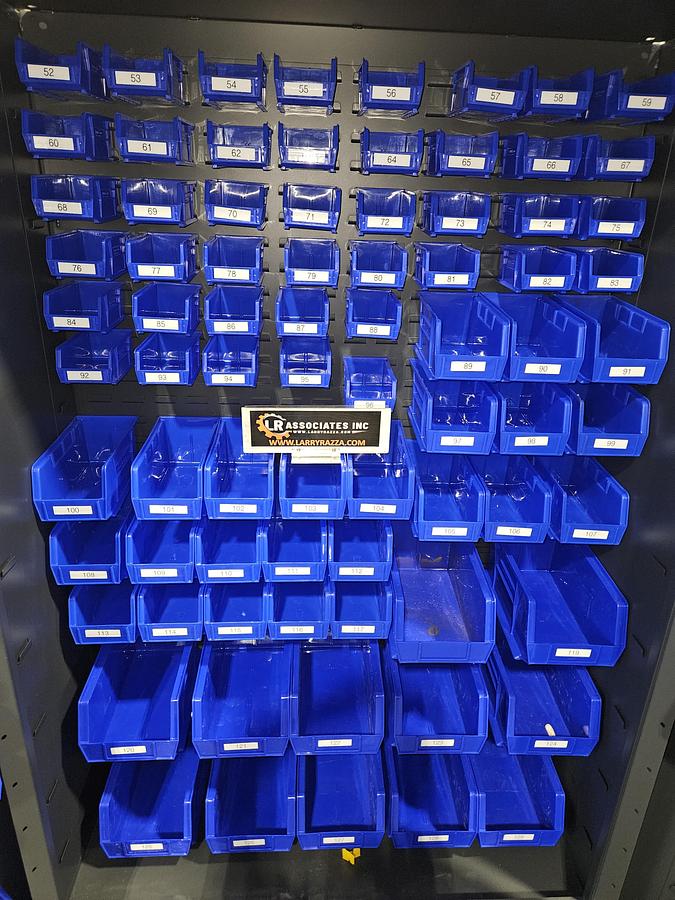 Used ULINE Heavy-Duty Steel Bin Storage Cabinet – holds 168 Blue Bins – 48" W × 24" D × 78" H with Plastic Bins... Pristine!!