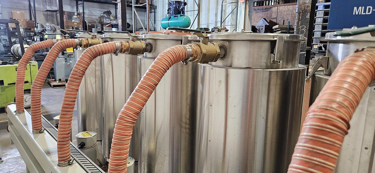 Used DRI-AIR HP4-X300 CENTRAL DESICCANT RESIN DRYING SYSTEM – (5) RH60 STAINLESS STEEL HOPPERS – HIGH TEMPERATURE CONFIGURATION- FOR INJECTION MOLDING – 480V / 3 PHASE