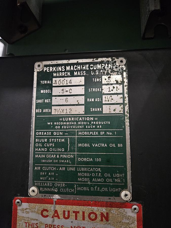 Used Perkins Model 5C 5-Ton Punch Press – Air Clutch / Air Brake – with Roll Feed – Tested!! in Excellent Condition!