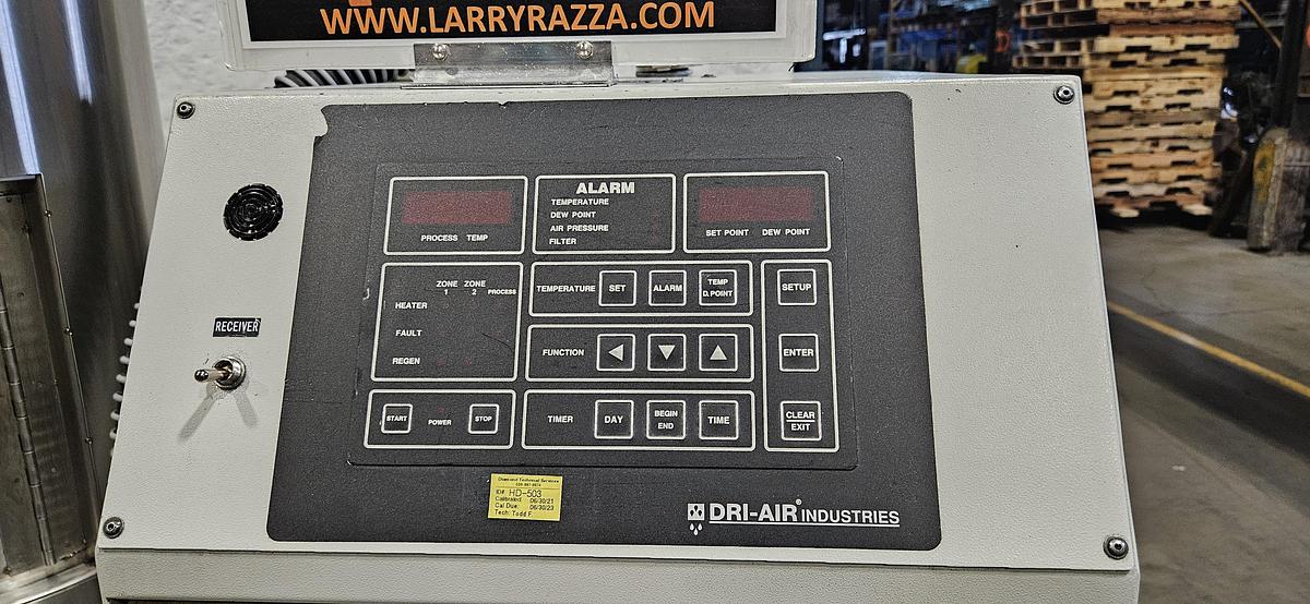 Used DRI-AIR HPD-2 HIGH-TEMP DESICCANT RESIN DRYER – RH60 60 LB STAINLESS STEEL HOPPER – NO-SPILL RECEIVER – PNEUMATIC VACUUM LOADER – DIGITAL DEW POINT CONTROL – 480V 3 PHASE – TESTED