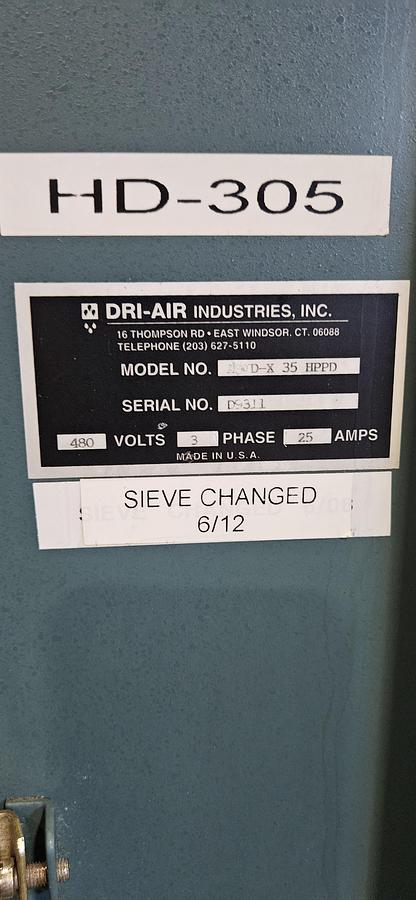 Used DRI-AIR ARID-X 35 HPPD HIGH-PERFORMANCE DESICCANT RESIN DRYER – DIGITAL DEW POINT CONTROL – 480V 3 PHASE – TESTED