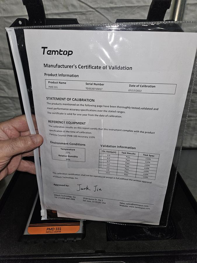 Used TEMTOP PMD 331 PARTICLE COUNTER – PORTABLE CLEANROOM AIR MONITOR – CALIBRATION CERTIFICATE – EXCELLENT CONDITION, TESTED!