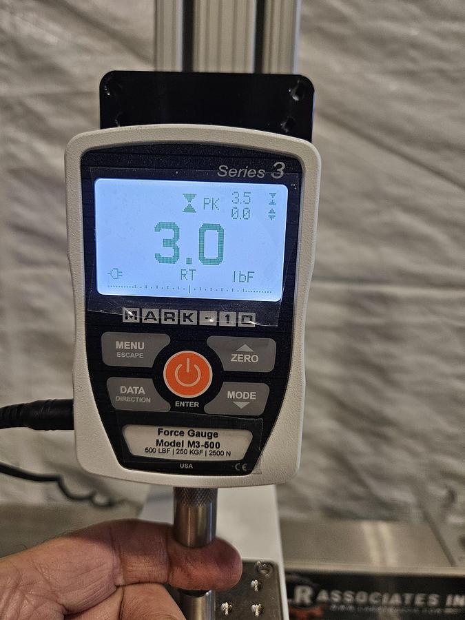 Used MARK-10 MANUAL FORCE TEST STAND WITH SERIES 3 DIGITAL FORCE GAUGE – MODEL M3-500 – 500 LBF / 250 KGF / 2500 N – EXCELLENT CONDITION