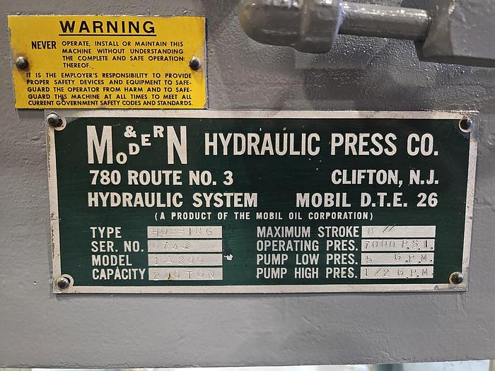 Used Clifton 200 Ton Hydraulic Hobbing Coining Press Metal Forming Brass Copper Steel Gold Silver 