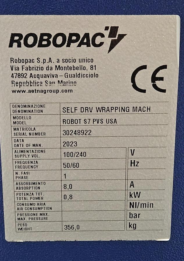 Used 2023 ROBOPAC ROBOT S7 PVS USA SELF-PROPELLED PALLET STRETCH WRAPPER – BATTERY POWERED – TOUCHSCREEN – TESTED