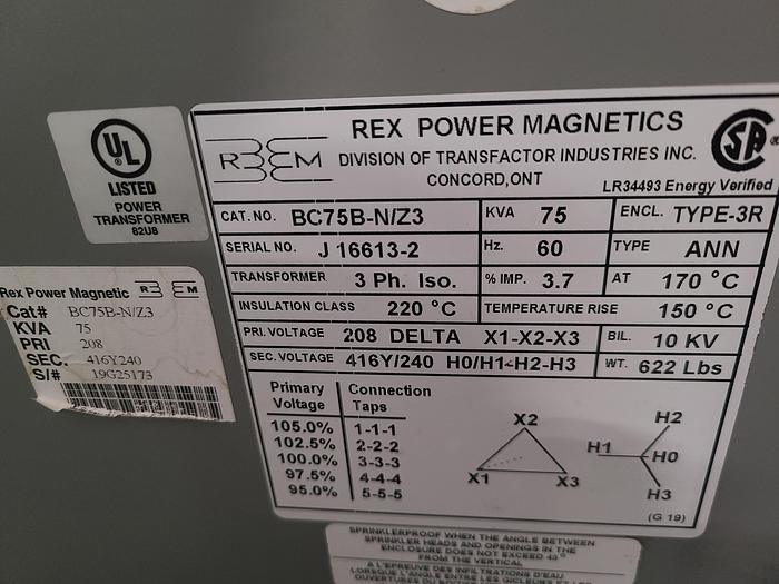Used Green Line Rex Power Magnetics 3 Phase Transformer Primary 208 Secondary 416Y/240 75KVA TESTED!