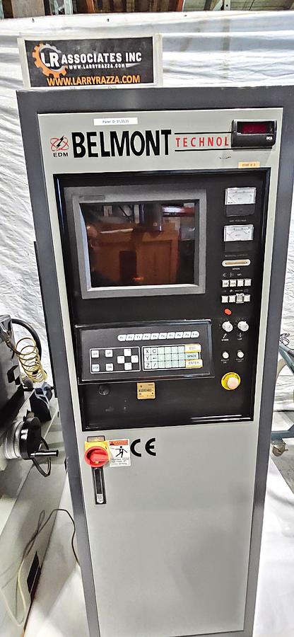 Used BELMONT TECHNOLOGIES CNC SINKER EDM – 60 AMP POWER SUPPLY – ORBITAL EDM HEAD – DROP TANK – FIRE SUPPRESSION – 220V 3 PHASE