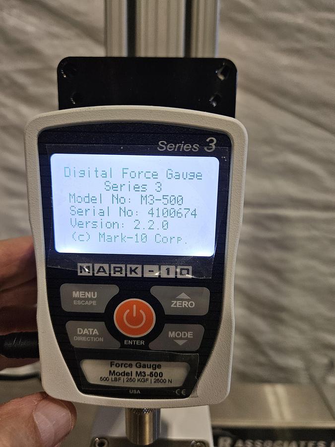 Used MARK-10 MANUAL FORCE TEST STAND WITH SERIES 3 DIGITAL FORCE GAUGE – MODEL M3-500 – 500 LBF / 250 KGF / 2500 N – EXCELLENT CONDITION