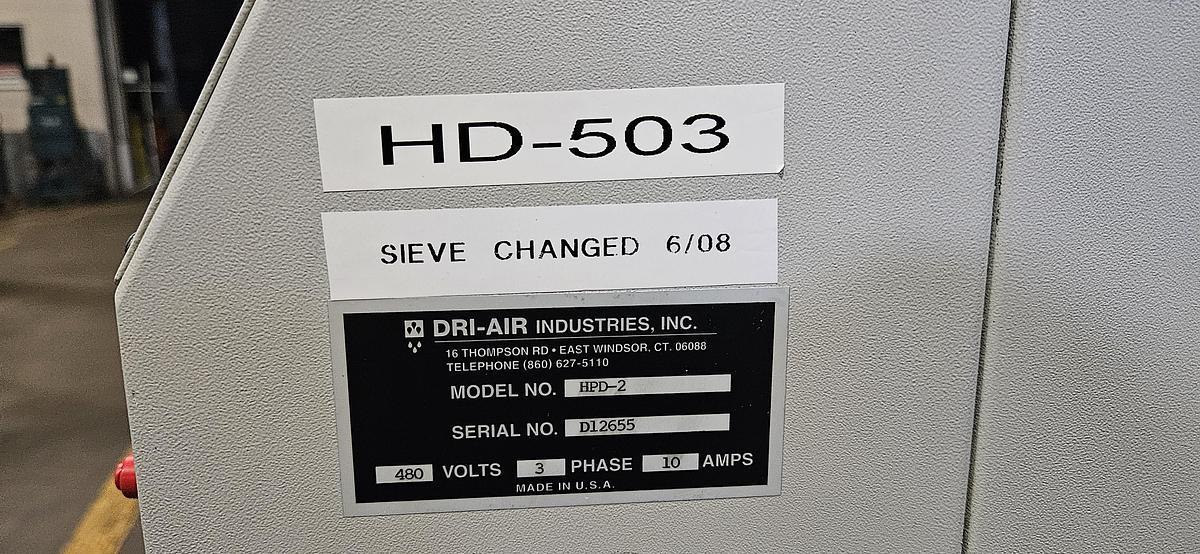 Used DRI-AIR HPD-2 HIGH-TEMP DESICCANT RESIN DRYER – RH60 60 LB STAINLESS STEEL HOPPER – NO-SPILL RECEIVER – PNEUMATIC VACUUM LOADER – DIGITAL DEW POINT CONTROL – 480V 3 PHASE – TESTED