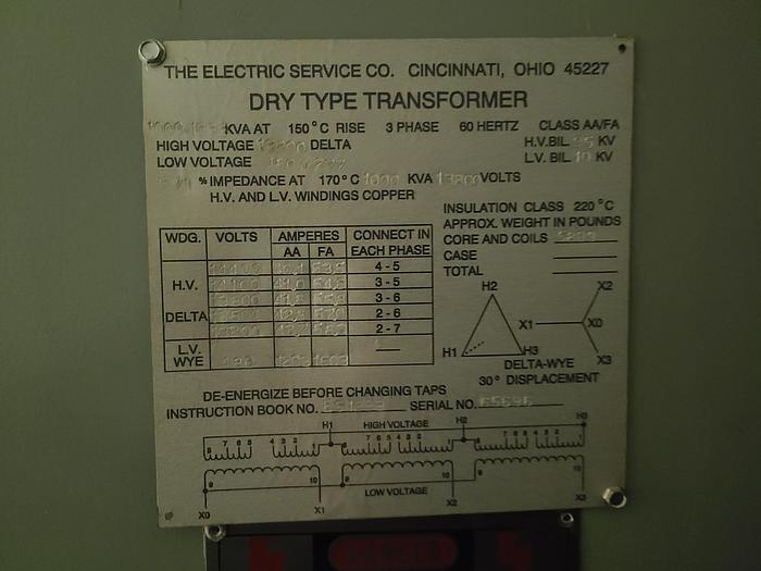 Used High Voltage Transformer Pri 13800 Sec 480V 277V 3 Phase 1000 KVA