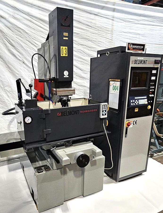 Used BELMONT TECHNOLOGIES CNC SINKER EDM – 60 AMP POWER SUPPLY – ORBITAL EDM HEAD – DROP TANK – FIRE SUPPRESSION – 220V 3 PHASE