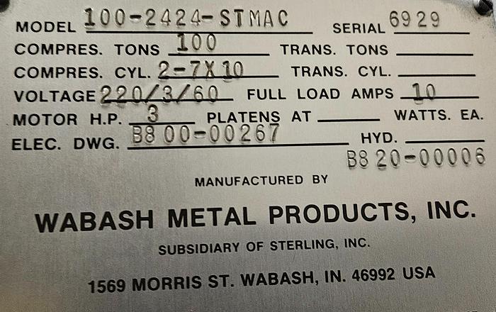 Used Wabash 100 Ton Hydraulic Press Model# 100-2424-STMAC with Heated Platens Molding & Laminating 