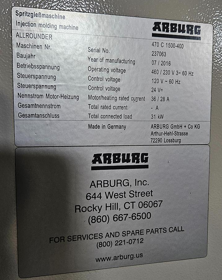 Used 2016 Arburg 470 C 1500-400 Golden Edition 165 Ton 6.5 oz. Allrounder Injection Molding Machine PRISTINE!!!