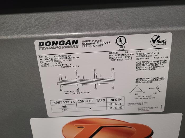 Used Dongan 30 KVA 3 Phase Transformer 208/240 Primary 480Y/277 V Secondary Tested!