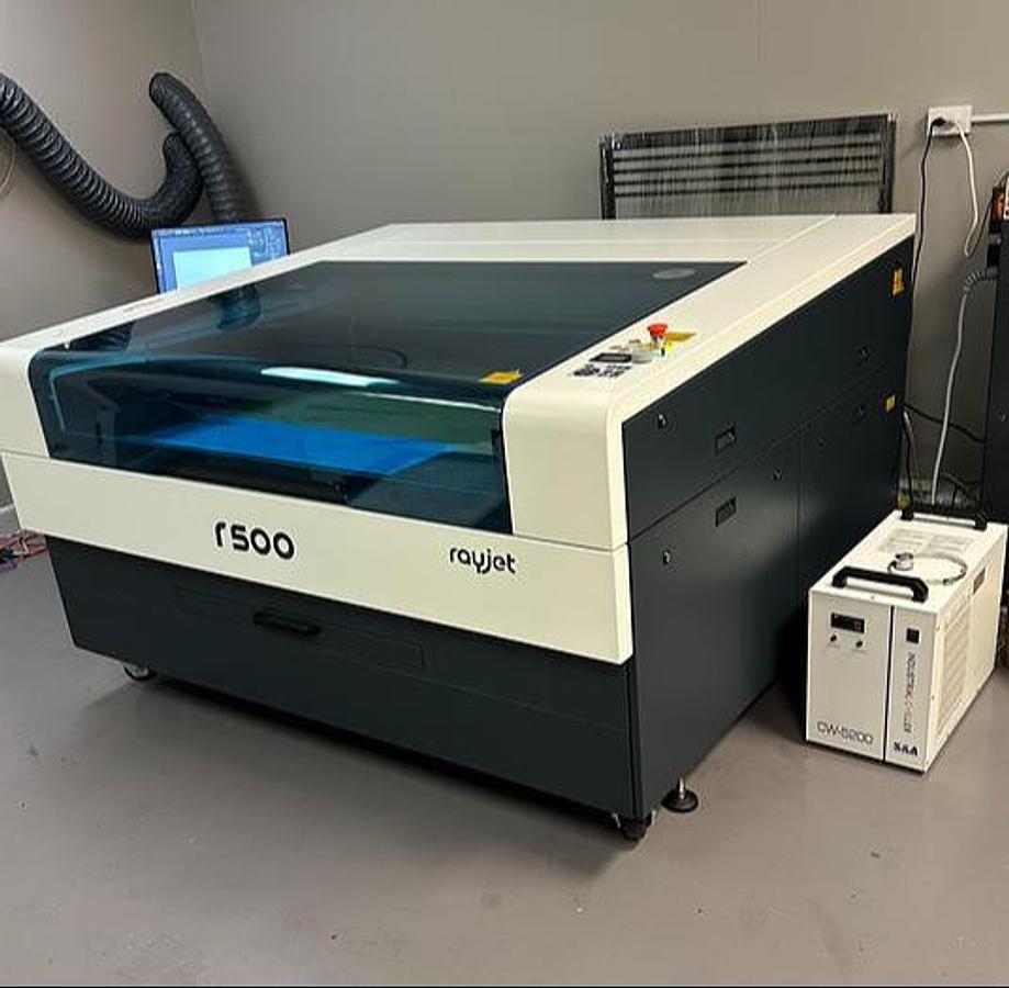 Used RAYJET R500 100 WATT CO2 LASER CUTTING & ENGRAVING SYSTEM – ONLY 74 LASER HOURS – 51" x 35" WORK AREA – BOFA AD 1500 iQ FUME EXTRACTION SYSTEM – S&A CW-5200 INDUSTRIAL CHILLER – COMPUTER & SOFTWARE – 2023 INSTALLATION – EXCEPTIONALLY LOW USE