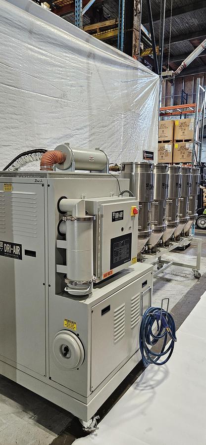 Used DRI-AIR HP4-X300 CENTRAL DESICCANT RESIN DRYING SYSTEM – (5) RH60 STAINLESS STEEL HOPPERS – HIGH TEMPERATURE CONFIGURATION- FOR INJECTION MOLDING – 480V / 3 PHASE