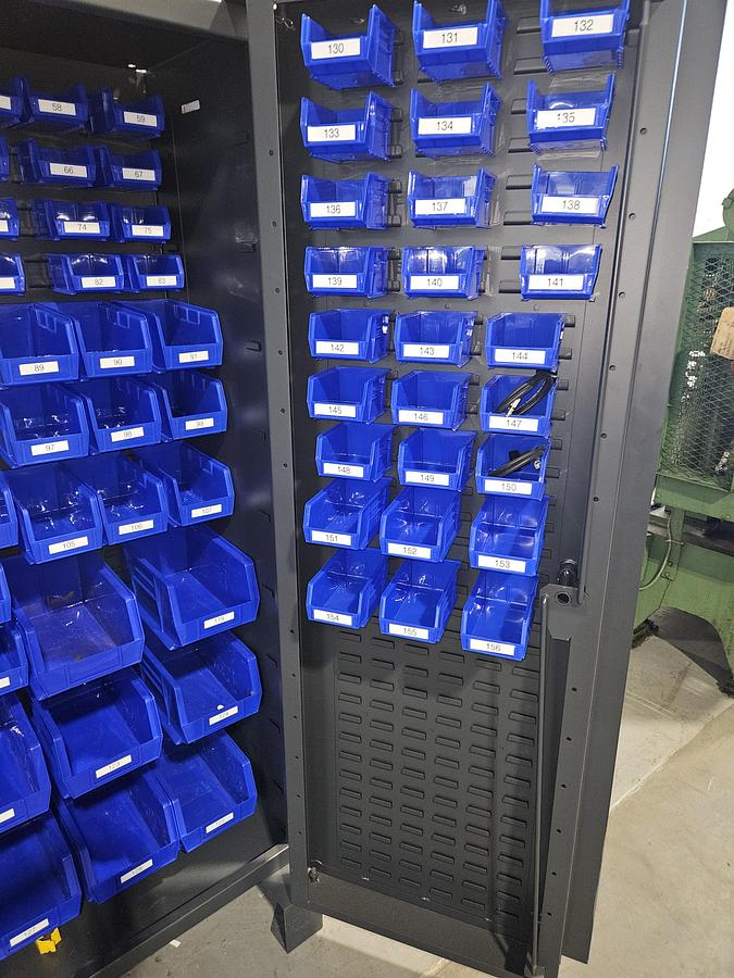 Used ULINE Heavy-Duty Steel Bin Storage Cabinet – holds 168 Blue Bins – 48" W × 24" D × 78" H with Plastic Bins... Pristine!!