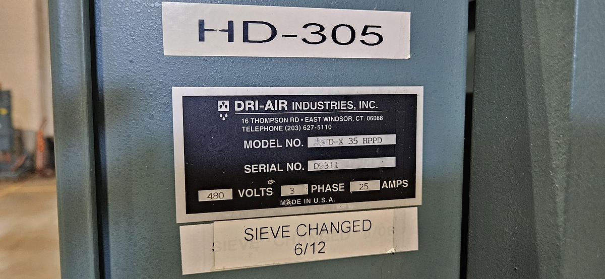 Used DRI-AIR ARID-X 35 HPPD HIGH-PERFORMANCE DESICCANT RESIN DRYER – DIGITAL DEW POINT CONTROL – 480V 3 PHASE – TESTED