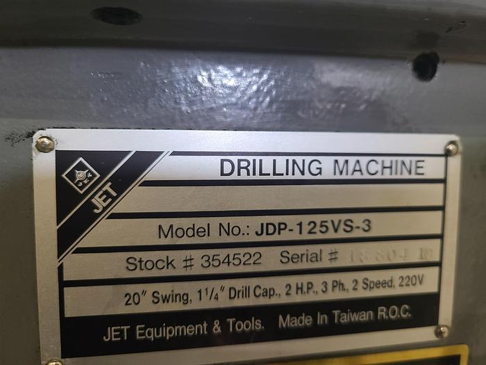 Used JET 20" 1-1/4" Drill Cap. Variable Speed Drill Press with Tapping Feature 2 HP 220V 3 Ph