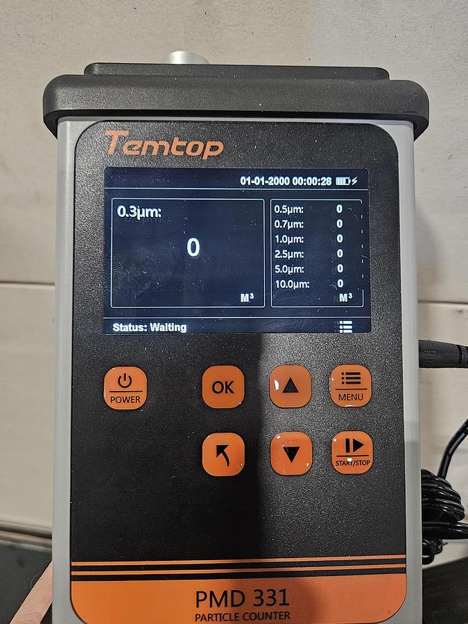 Used TEMTOP PMD 331 PARTICLE COUNTER – PORTABLE CLEANROOM AIR MONITOR – CALIBRATION CERTIFICATE – EXCELLENT CONDITION, TESTED!