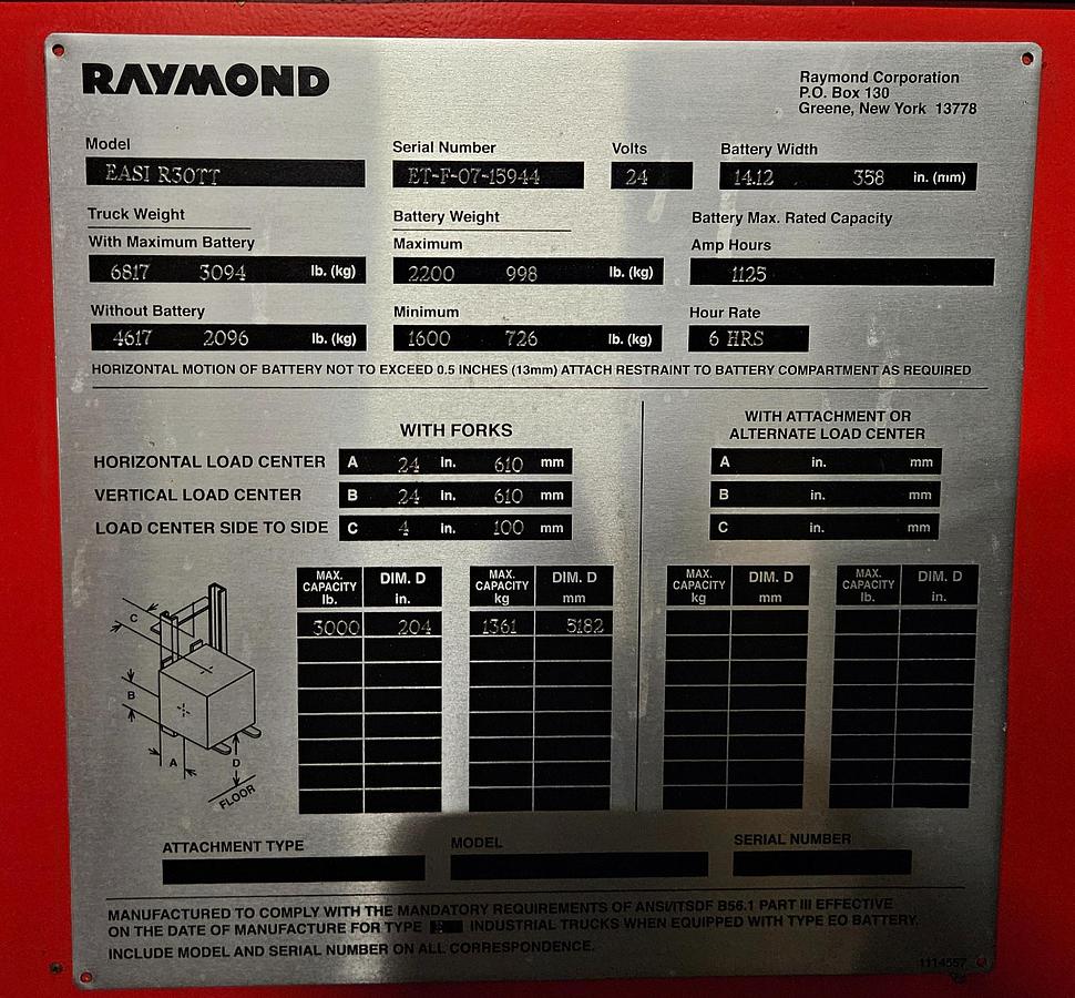 Used Raymond Standup Fork Lift 2007 Narrow Aisle 3000 Lb Triple Mast 260" height with Reaching Forks Forklift