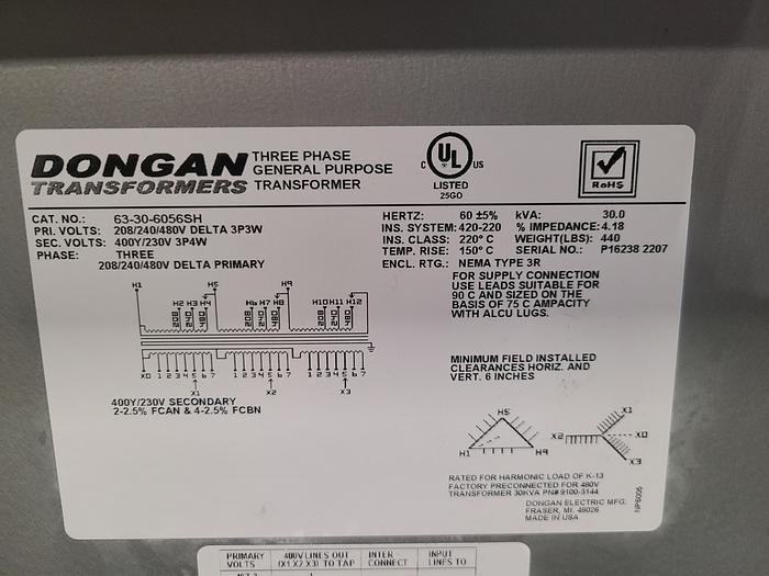 Used Dongan 30 KVA 3 Phase Transformer 208/240/480 Primary 400Y/230  Secondary Tested!
