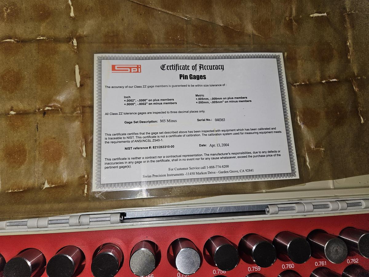 Used SPI / SWISS PRECISION INSTRUMENTS CLASS ZZ PIN GAGE SET – METRIC MINUS – M5 SERIES – GO / NO-GO HANDLE – CERTIFIED – EXCELLENT CONDITION