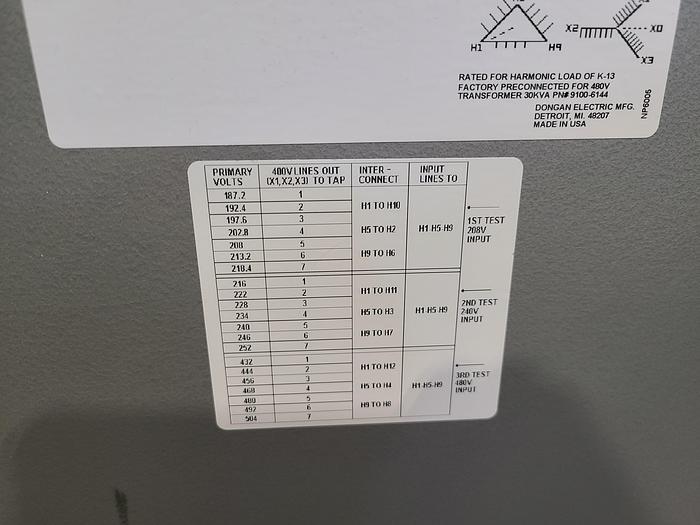 Used Dongan 30 KVA 3 Phase Transformer 208/240/480 Primary 400Y/230 Secondary Tested!