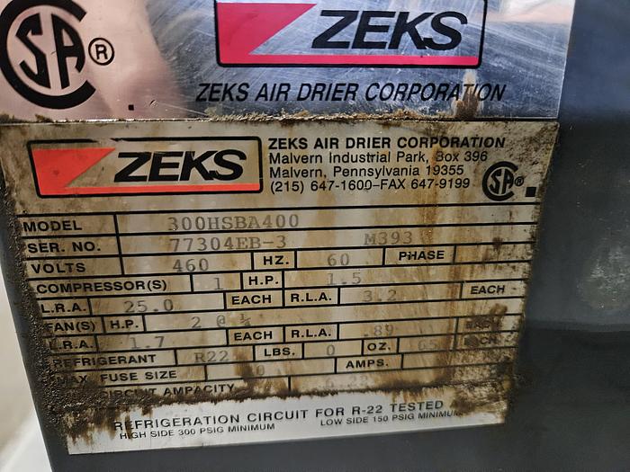 Used Zeks Air Dryer for Compressor 300 CFM Air Cooled Drier 460V 3 Phase