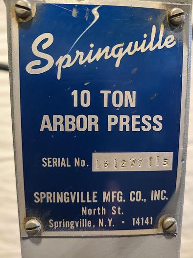 Used Springville 10 Ton Arbor Press Manual Hydraulic No Electric Needed