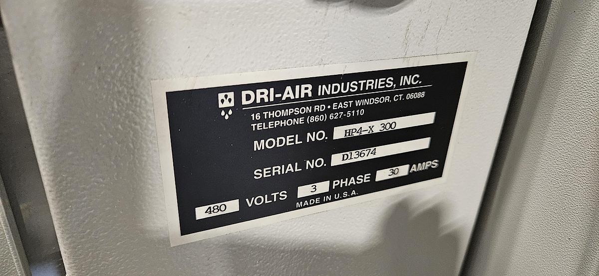 Used DRI-AIR HP4-X300 CENTRAL DESICCANT RESIN DRYING SYSTEM – (5) RH60 STAINLESS STEEL HOPPERS – HIGH TEMPERATURE CONFIGURATION- FOR INJECTION MOLDING – 480V / 3 PHASE